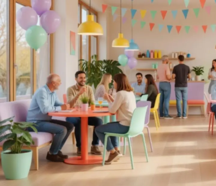 Barevný interiér restaurace připravený na skupinovou akci