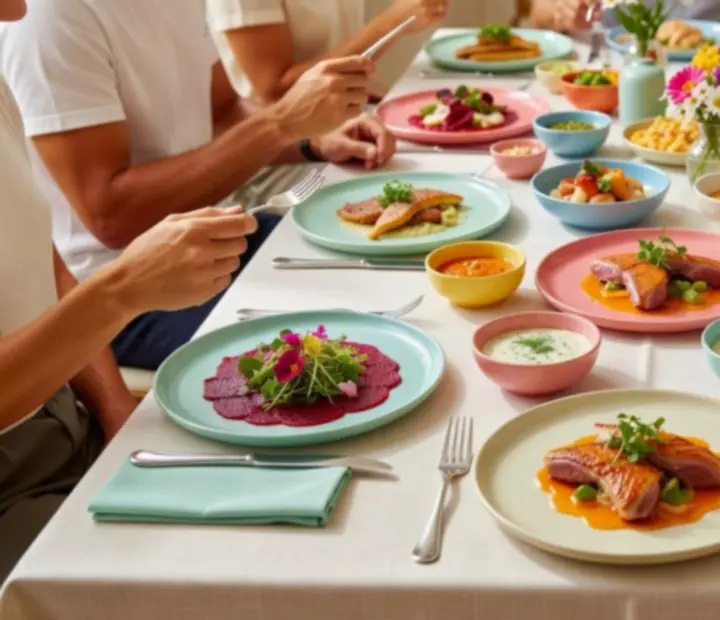 Barevně naservírované talíře v moderní restauraci Chutný Dvůr