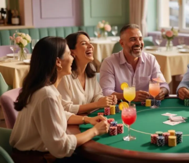 Skupina hostů u pokerového stolu s koktejly v barevné restauraci