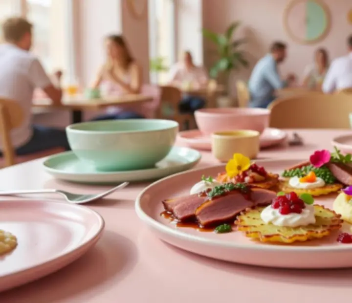 Barevný talíř v moderním interiéru restaurace