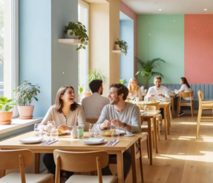 Světlý interiér restaurace Chutný Dvůr s barevnými akcenty