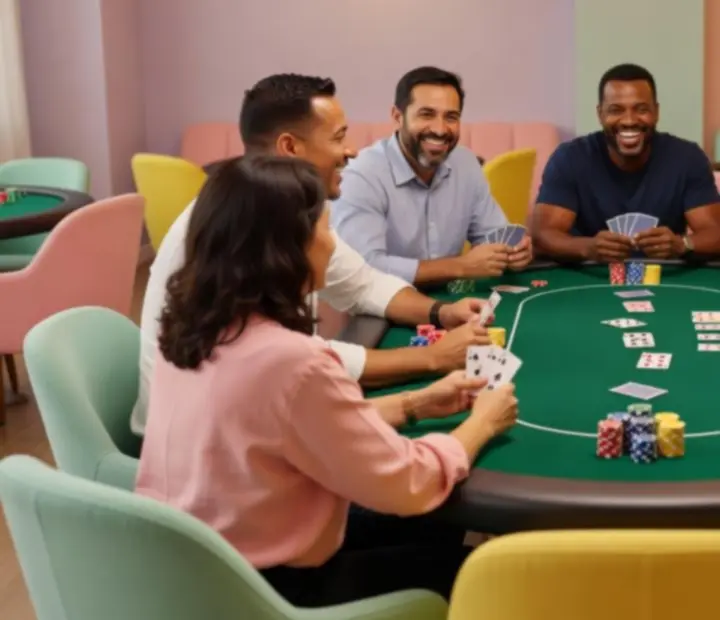 Světlý karetní salonek s pokerovým stolem a barevnými křesly
