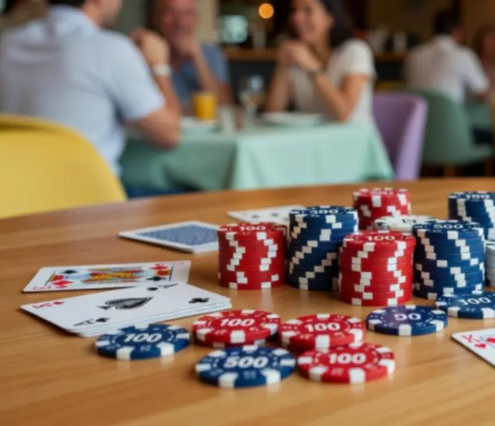 Karty a žetony na pokerovém stole připraveném na živou hru