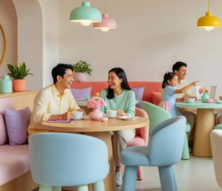 Světlý a barevný interiér restaurace Chutný Dvůr připravený na večerní rezervace.