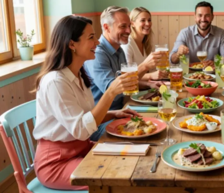 Skupina přátel u stolu v restauraci